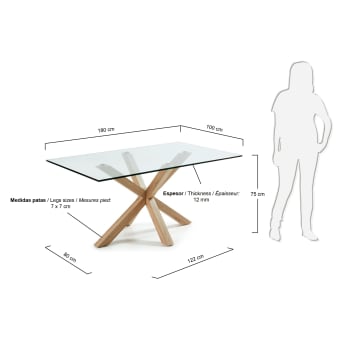 Mesa Argo de cristal y patas de acero efecto madera 180 x 100 cm - tamaños