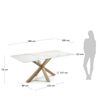 Table Argo en grès cérame blanc et pieds en acier effet bois 180 x 100 cm - dimensions