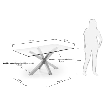 Τραπέζι Argo, γυαλί και πόδια από ανοξείδωτο ατσάλι, 160 x 90 εκ - μεγέθη