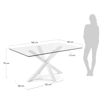 Mesa Argo de cristal y patas de acero acabado blanco 160 x 90 cm - tamaños