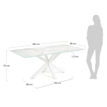 Table Argo 160 x 90 cm grès cérame pieds en acier blanc - dimensions