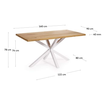 Table Argo en placage de chêne finition naturelle et pieds acier blanc 160 x 90 cm - dimensions