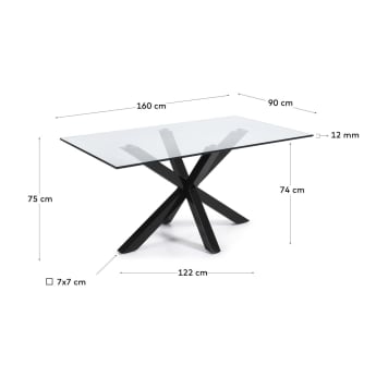 Table Argo en verre et pieds en acier finition noire 160 x 90 cm - dimensions