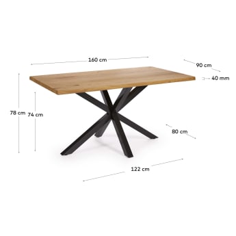 Table Argo placage de chêne finition naturelle et pieds acier finition noire 160 x 90 cm - dimensions