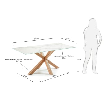 Table Argo en grès cérame blanc et  pieds en acier effet bois 160 x 90 cm - dimensions