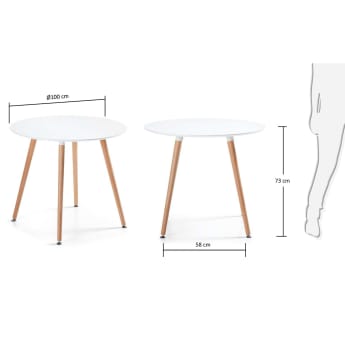 Table ronde Wad Ø 100 cm laquée blanche et pieds en bois de hêtre massif - dimensions