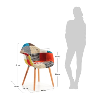 Καρέκλα Kevya, πολύχρωμο patchwork και πόδια σε ξύλο οξυάς - μεγέθη