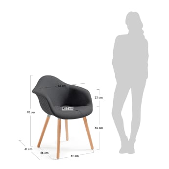 Καρέκλα Kevya, σκούρο γκρι και πόδια από ξύλο οξυάς - μεγέθη