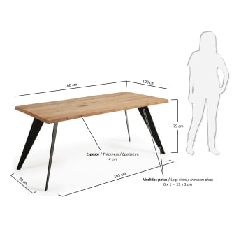 Τραπέζι Koda, καπλαμάς δρυός σε φυσικό φινίρισμα και μαύρα ατσάλινα, 180x100εκ - μεγέθη