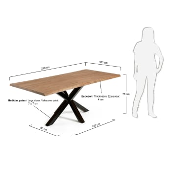 Table Argo placage de chêne effet vieilli et pieds en acier finition noire 220 x 100 cm - dimensions