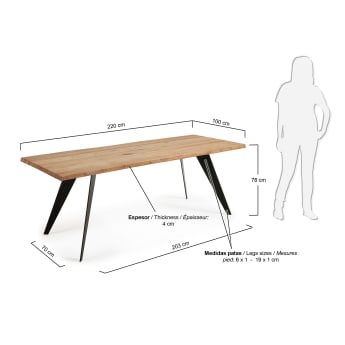 Koda oak veneer table with natural finish and steel legs with black finish 220 x 100 cm - sizes