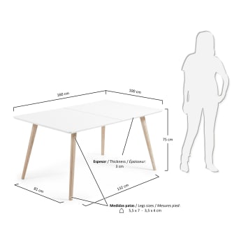 Eunice ausziehbarer Tisch 160 (260) x 100 cm mit weißen Beinen aus massivem Eschenholz - Größen
