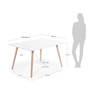 Eunice ausziehbarer Tisch 140 (220) x 90 cm mit weißen Beinen aus massivem Eschenholz - Größen
