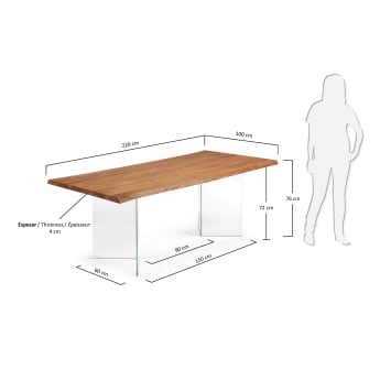 Table Lotty en placage de chêne finition naturelle et pieds en verre 220 x 100 cm - dimensions