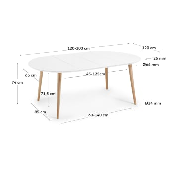 Table extensible ronde Oqui MDF laqué blanc et pieds bois massif hêtre 120(200)x120 cm - dimensions