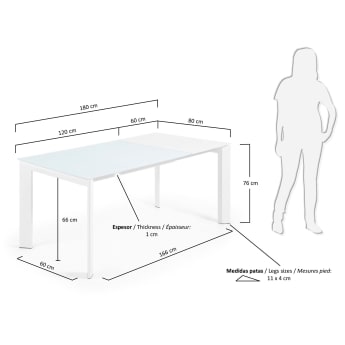 Mesa extensible Axis de cristal blanco y patas de acero acabado blanco 120 (180) cm - tamaños