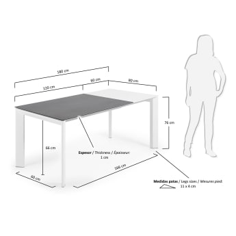 Table extensible Axis grès cérame finition Vulcano Roca et pieds acier blanc 120 (180) cm - dimensions