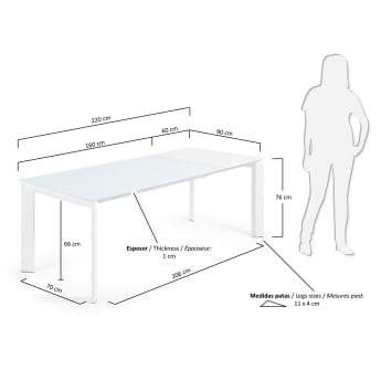 Mesa extensible Axis de cristal blanco y patas de acero acabado blanco 160 (220) cm - tamaños