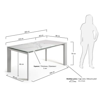 Table extensible Axis grès cérame finition Kalos blanche pieds gris 120 (180) cm - dimensions