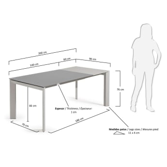 Axis grey glass extendable table with grey steel legs 140 (200) cm - sizes