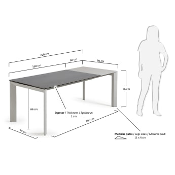 Axis porcelain extendable table in Volcano Rock finish with grey legs 160 (220) cm - sizes
