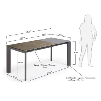 Axis extendable ceramic table in Vulcano Ceniza finish, anthracite steel legs 120 (180)cm - sizes