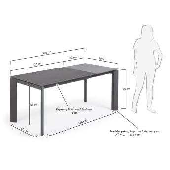 Axis extendable porcelain table with Volcano Rock finish and dark grey steel legs, 120 (180) cm - sizes