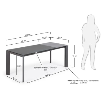 Axis extendable table in grey glass with steel legs in a dark grey finish, 140 (200) cm - sizes