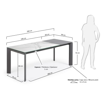 Επεκτεινόμενο τραπέζι Axis, πορσελάνη Kalos Blanco, σκούρα γκρι πόδια, 140(200)εκ - μεγέθη