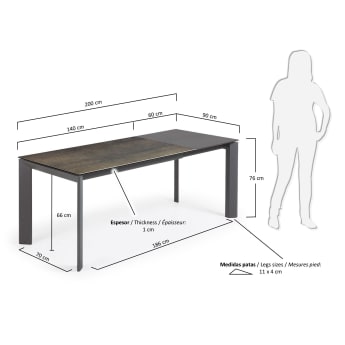 Επεκτεινόμενο τραπέζι Axis, πορσελάνη Iron Moss και ανθρακί ατσάλινα πόδια, 140(200)εκ - μεγέθη