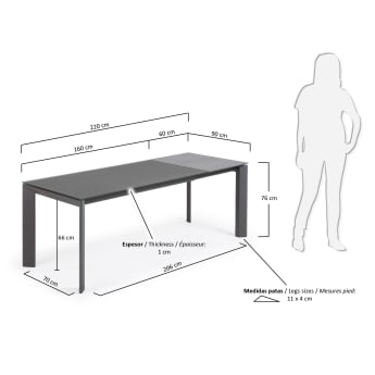 Axis extendable table in grey glass with steel legs in a dark grey finish, 160 (220) cm - sizes