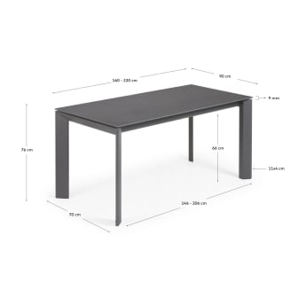 Axis extendable porcelain table with Iron Moss finish and black steel legs, 160 (220) cm - sizes