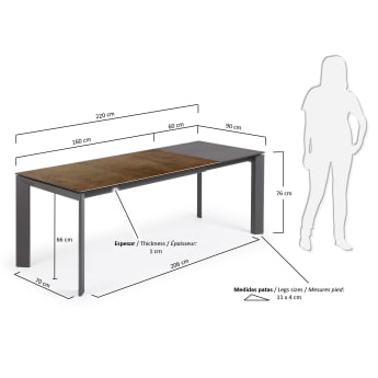 Axis extendable porcelain table with Iron Corten finish and dark grey steel legs, 160 (220) cm - sizes