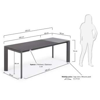 Axis extendable porcelain table with Volcano Rock finish and dark grey legs, 160 (220) cm - sizes