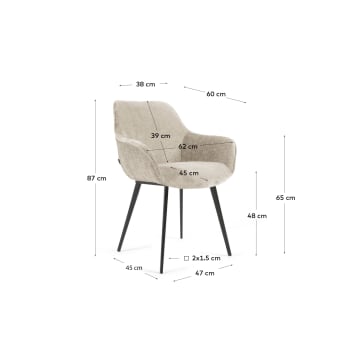 Amira chair in beige chenille with steel legs with black finish - sizes