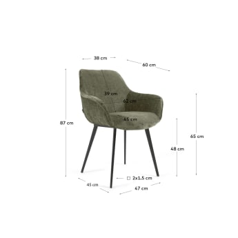 Amira chair in dark green chenille with steel legs with black finish - sizes