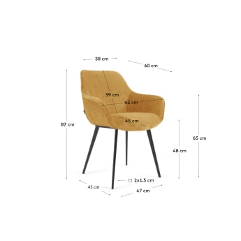 Amira chair in mustard chenille with steel legs with black finish - sizes