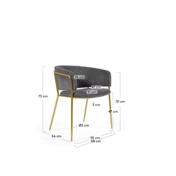 Καρέκλα Runnie, σκούρο γκρι chenille, ατσάλινα πόδια και χρυσό φινίρισμα - μεγέθη