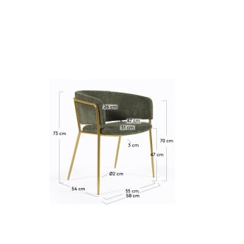 Krzesło Runnie w ciemnozielonej szenili z nogami z lakierowanej na złoto stali - rozmiary