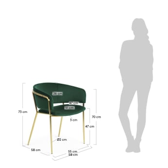 Krzesło Runnie z zielonego aksamitu z nogami stalowymi w złotym wykończeniu - rozmiary