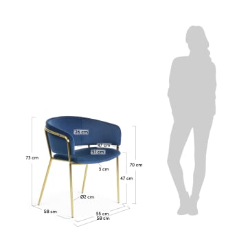 Krzesło Runnie z niebieskiego aksamitu z nogami stalowymi w złotym wykończeniu - rozmiary