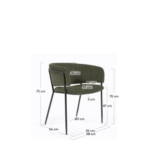 Runnie chair made from dark green wide seam corduroy and steel legs with black finish - sizes
