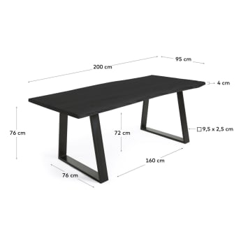 Alaia table in solid black acacia wood with black steel legs 200 x 95 cm - sizes