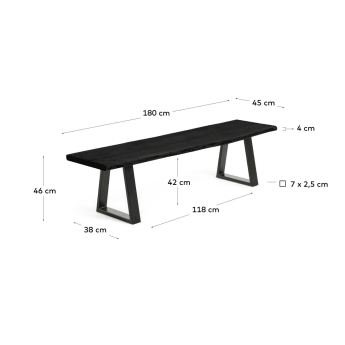 Alaia bench in solid black acacia wood with black steel legs 180 cm - sizes