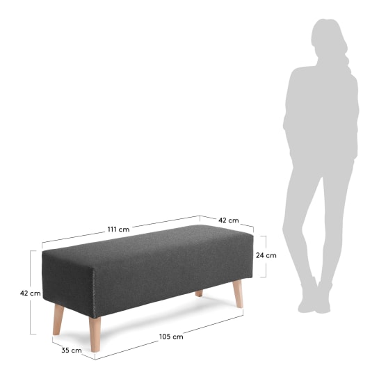 Banquette Loya noire avec pieds en bois massif de hêtre 111 cm - dimensions