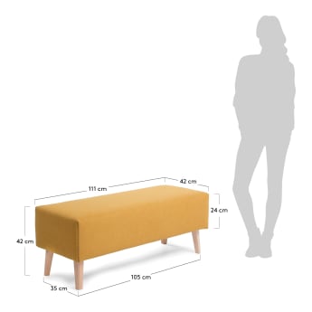 Dyla bench in mustard with solid beech wood legs, 111 cm - sizes