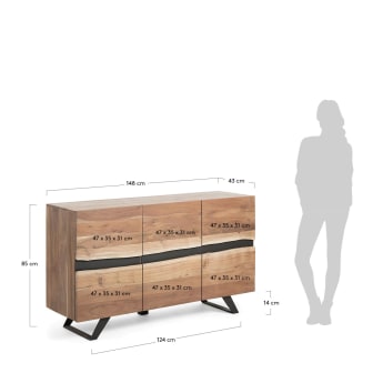 Uxia solid acacia wood sideboard with 3 doors and black finish steel, 148 x 85 cm - sizes