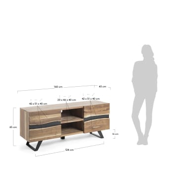 Uxia solid acacia wood TV stand with 2 doors and black finish steel, 160 x 65 cm - sizes