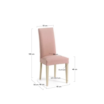 Pink Freda chair with solid beech wood legs with natural finish - sizes