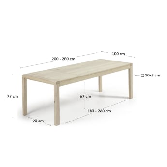 Table extensible Briva placage de chêne finition blanchie 200 (280) x 100 cm - dimensions